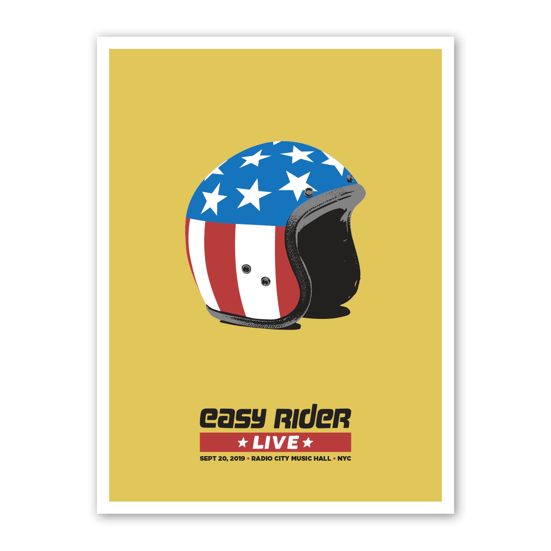 Easy Rider Live limited edition poster featuring illustrated American flag helmet and bold retro typography