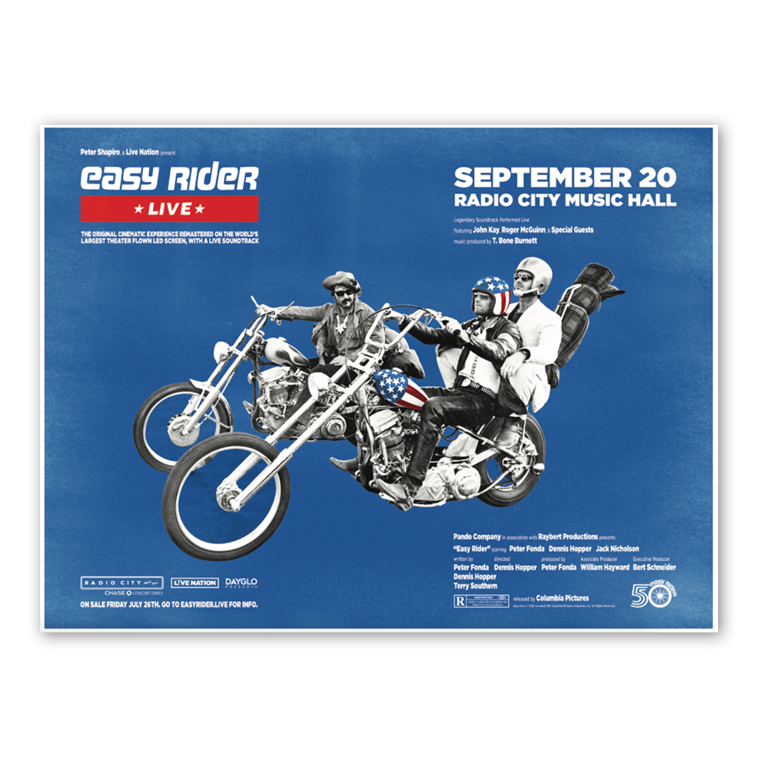 Easy Rider Live limited edition poster featuring illustrated classic motorcycle and bold vintage typography