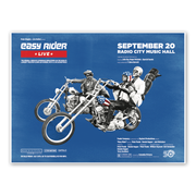 Easy Rider Live limited edition poster featuring illustrated classic motorcycle and bold vintage typography