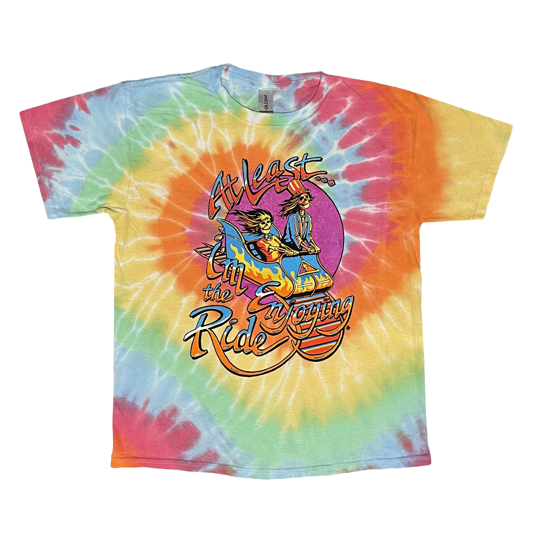 Enjoying The Ride kids throwback tie-dye t-shirt front view with colorful vintage-style graphic