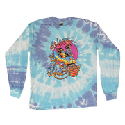 Enjoying the Ride Throwback Long Sleeve Tie-Dye T-Shirt with colorful spiral pattern and retro skeleton graphic