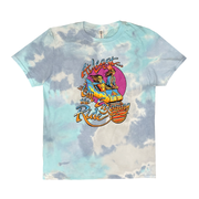 Enjoying The Ride throwback tie-dye t-shirt front view with vintage-style graphic