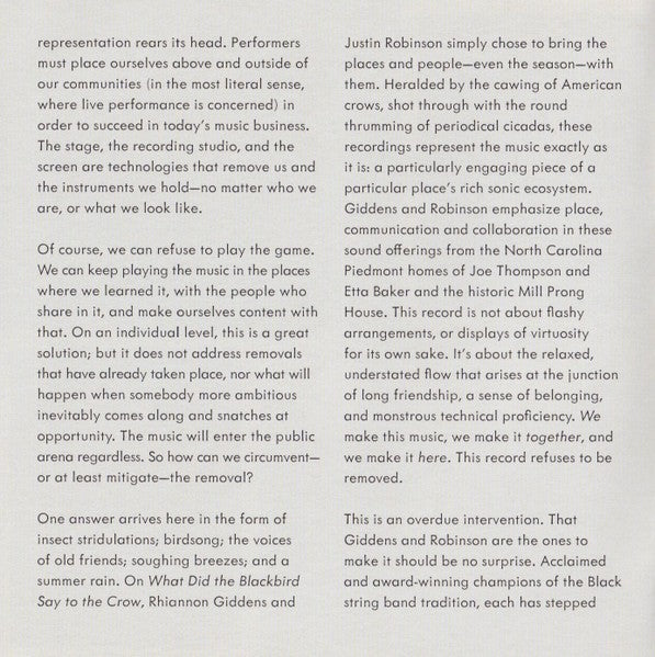 Gatefold 7: Rhiannon Giddens, Justin Robinson – What Did the Blackbird Say to the Crow CD | Relix