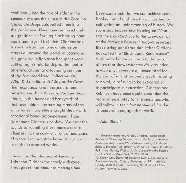 Gatefold 8: Rhiannon Giddens, Justin Robinson – What Did the Blackbird Say to the Crow CD | Relix