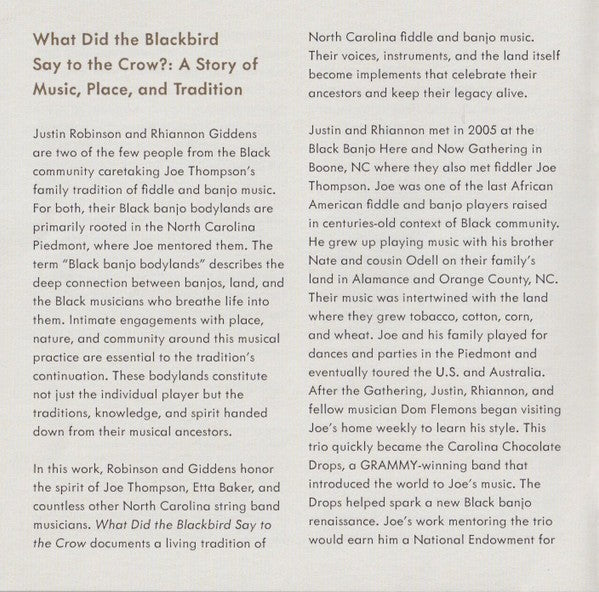 Gatefold 9: Rhiannon Giddens, Justin Robinson – What Did the Blackbird Say to the Crow CD | Relix