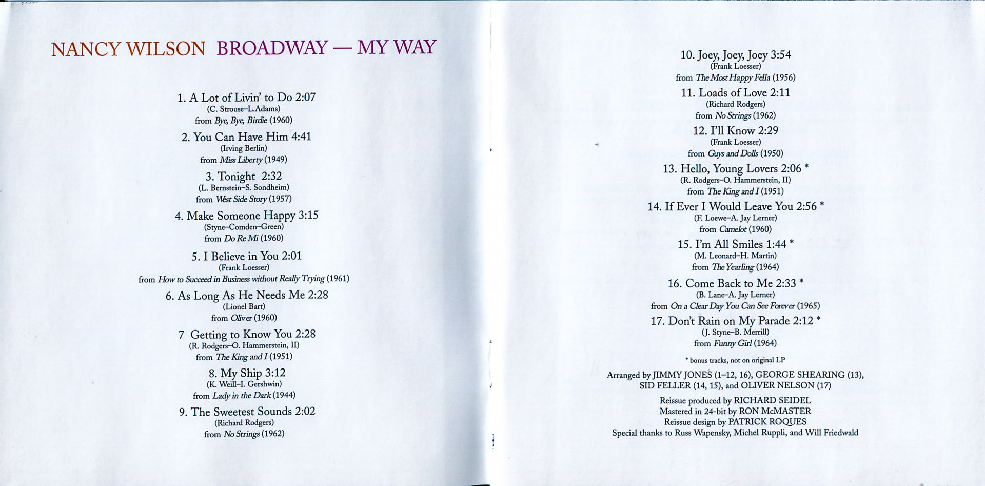 Gatefold: Nancy Wilson – Broadway My Way (Remastered CD) CD | Relix