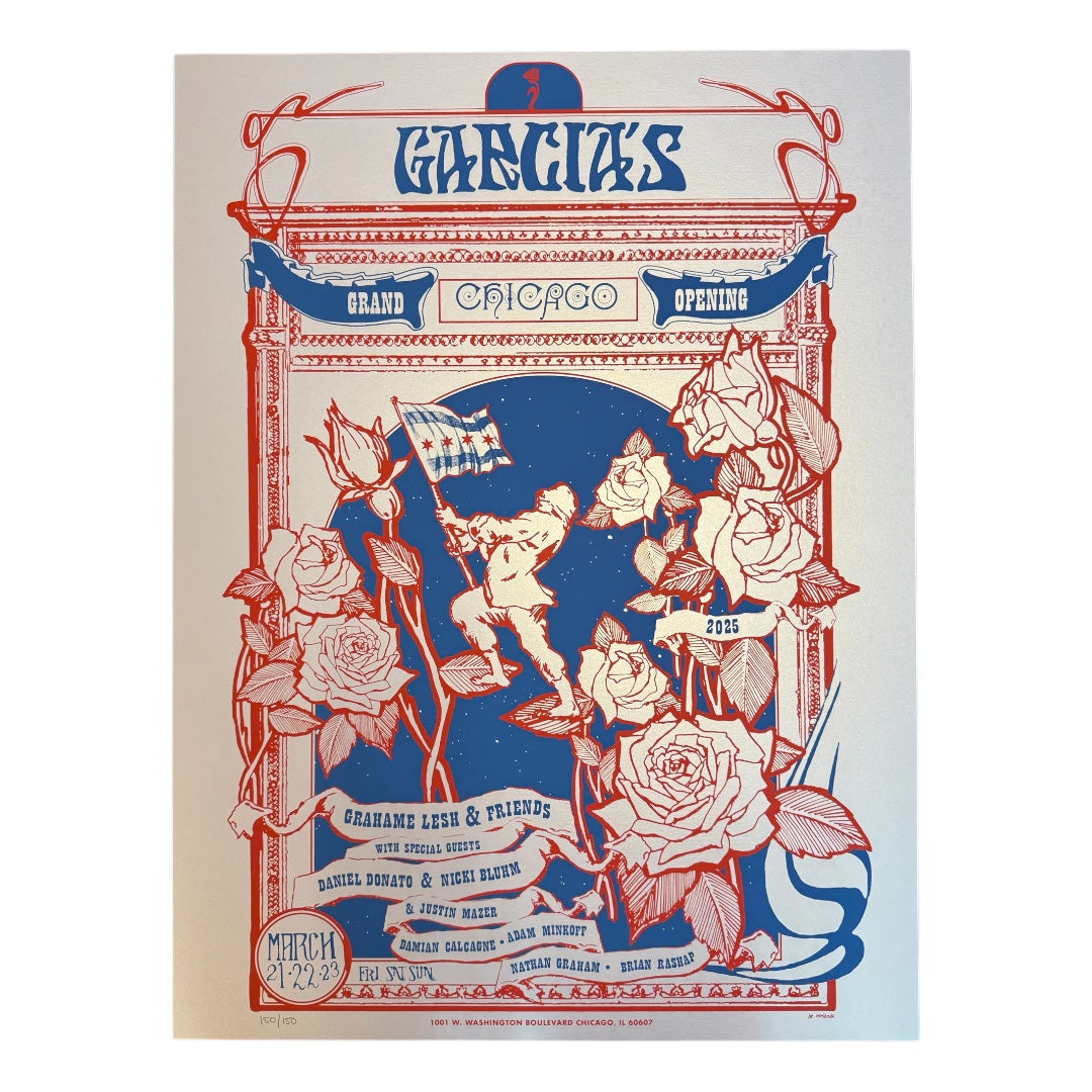 Grahame Lesh & Friends shimmer edition poster for Garcia’s Chicago opening weekend featuring colorful psychedelic artwork