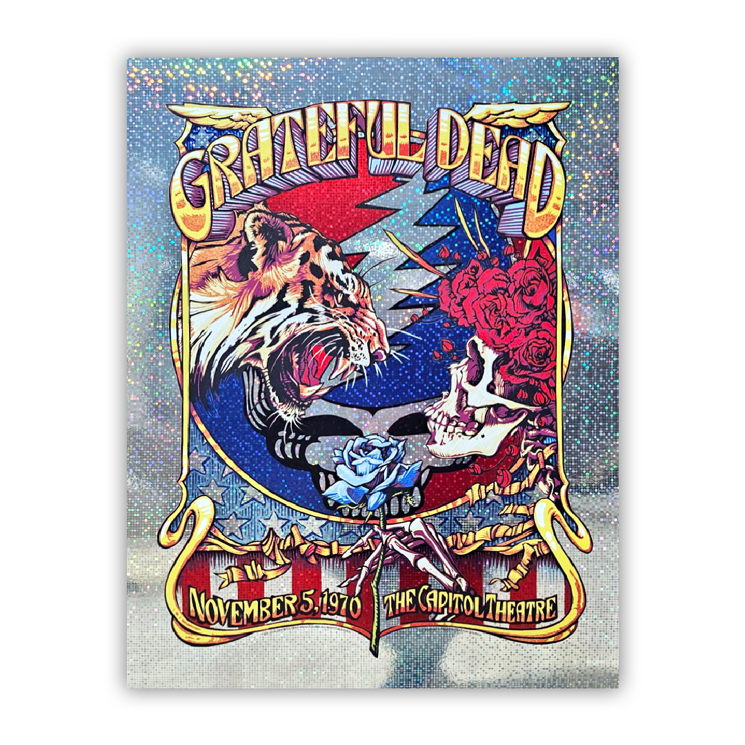 Grateful Dead 11/5/1970 Donut Foil poster by AJ Masthay featuring radiant foil background with vibrant skeleton and floral artwork in signature donut colorway