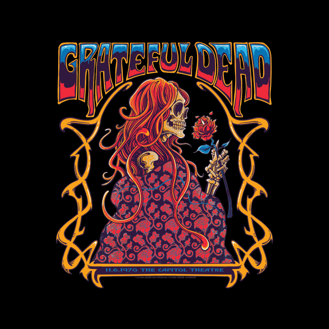Close-up of 11/6/1970 concert-inspired artwork on front of Grateful Dead hoodie by ZazzCorp
