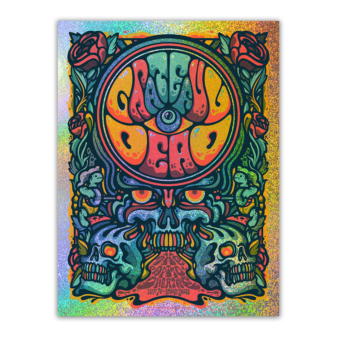 Grateful Dead 11/7/1970 speckle foil variant poster by Drew Millward featuring vibrant psychedelic artwork with shimmering speckled foil accents