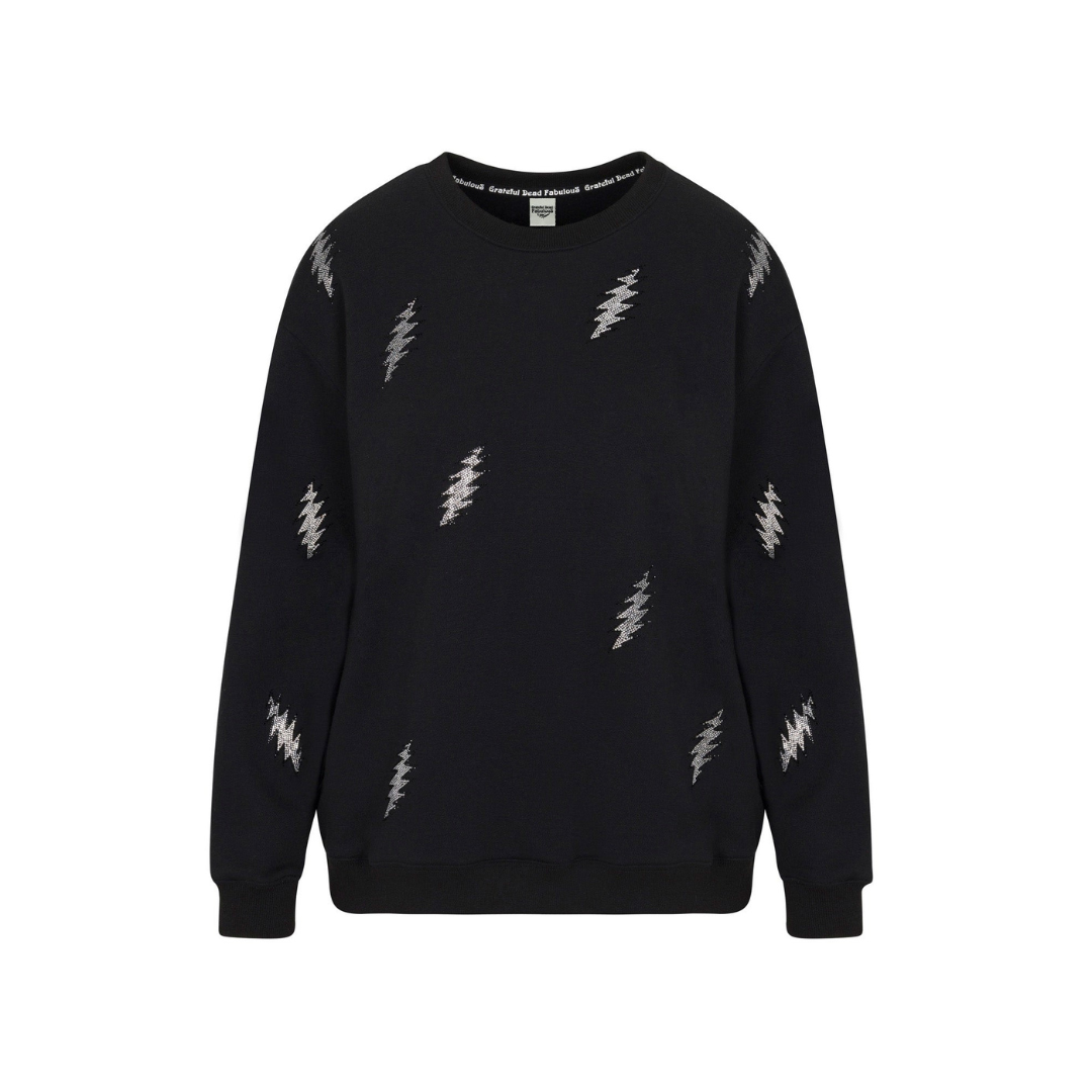 Grateful Dead black relaxed-fit sweatshirt front view with rhinestone 13-point bolt graphic