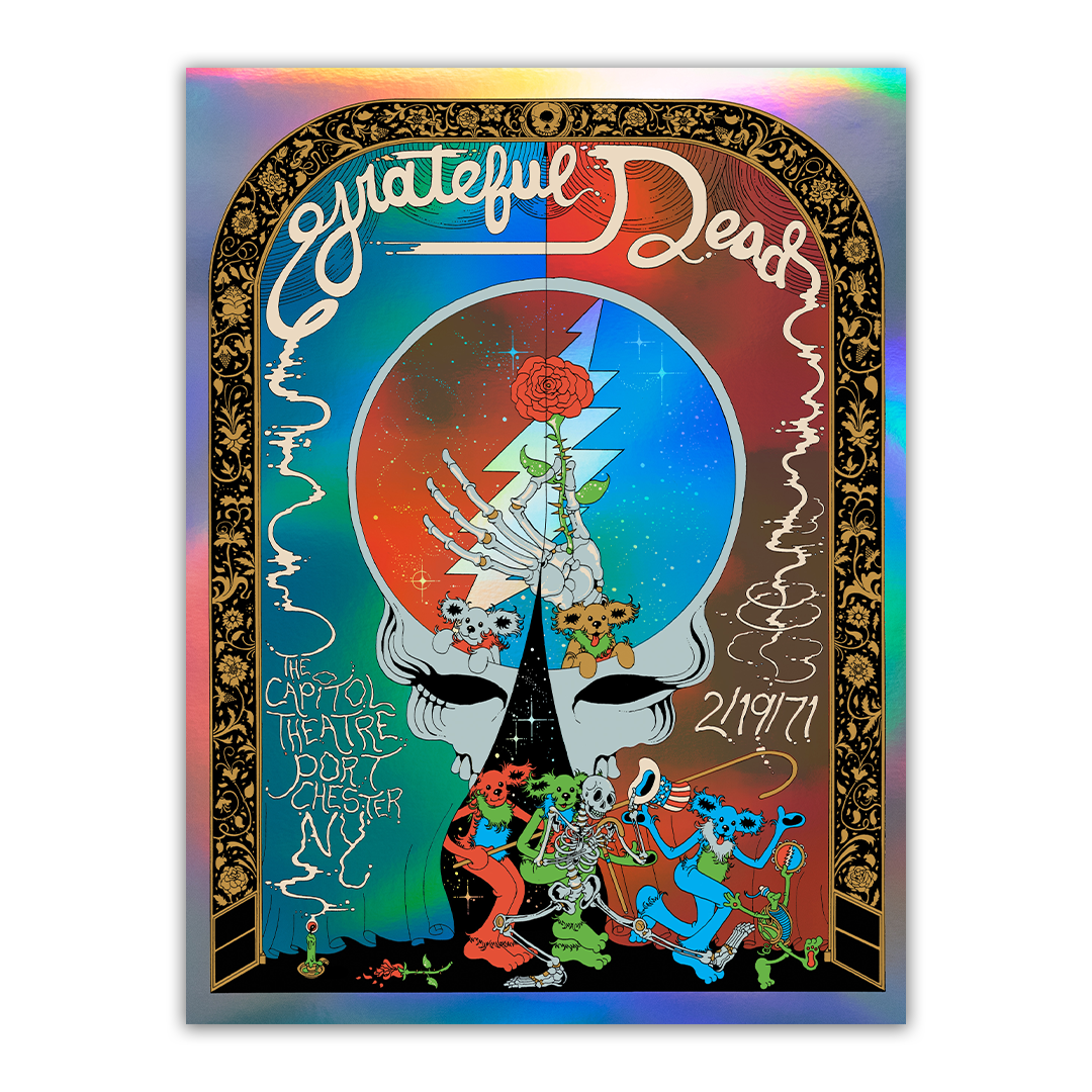 Close-up of vibrant illustrations and shimmering foil texture on Brian Blomerth’s Grateful Dead 2/19/1971 poster set