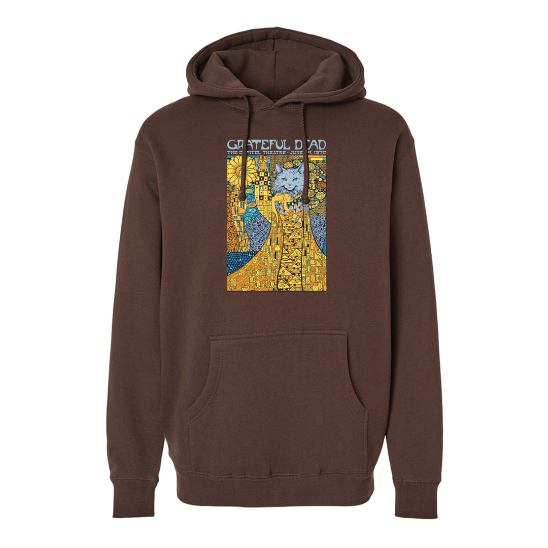 Grateful Dead 6/24/1970 hooded sweatshirt by Todd Slater front view featuring colorful psychedelic cat graphic