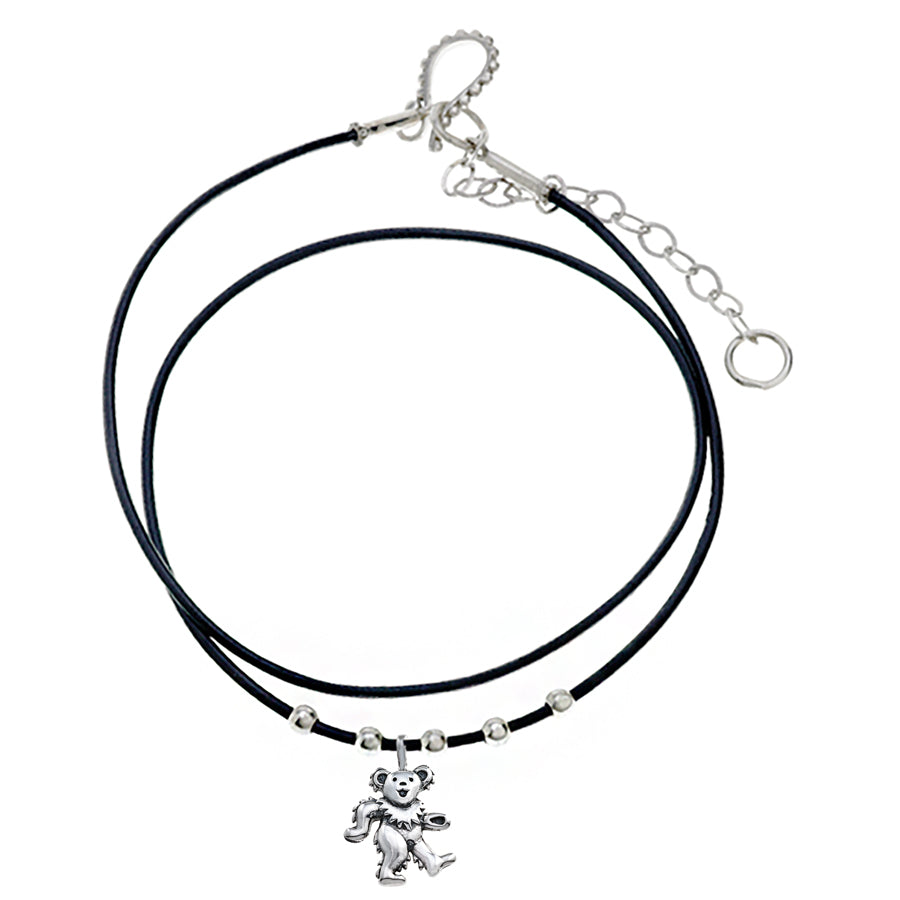 Grateful Dead Dancing Bear Sterling Silver Beads & Thin Leather Necklace