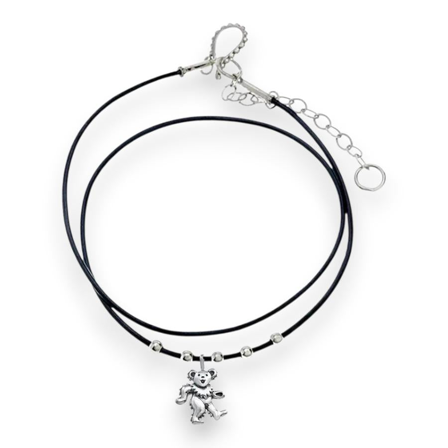 Grateful Dead Dancing Bear Sterling Silver Beads & Thin Leather Necklace - Back