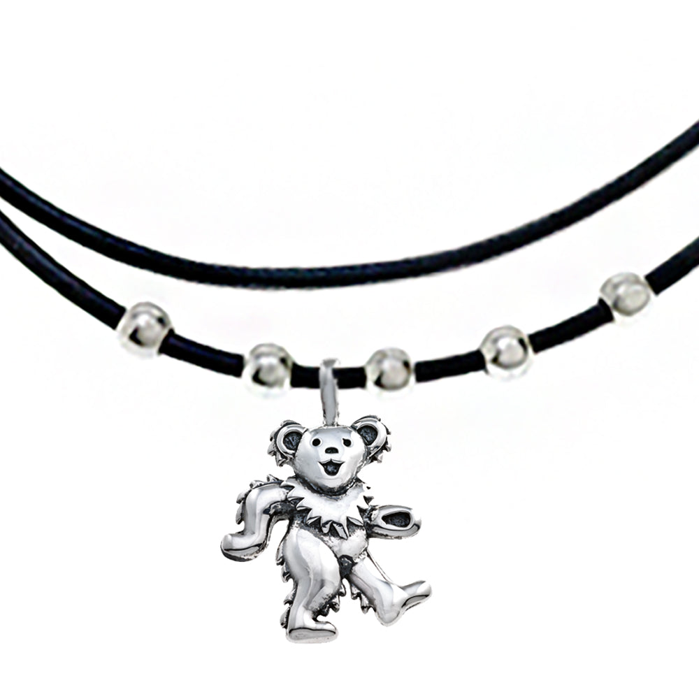 Grateful Dead Dancing Bear Sterling Silver Beads & Thin Leather Necklace