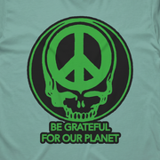 Close-up of the Be Grateful for Our Planet print on an island reef t-shirt