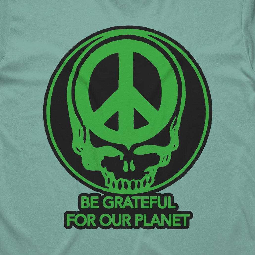 Close-up of the Be Grateful for Our Planet print on an island reef t-shirt