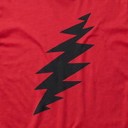 Close-up of the Bolt print on a red t-shirt