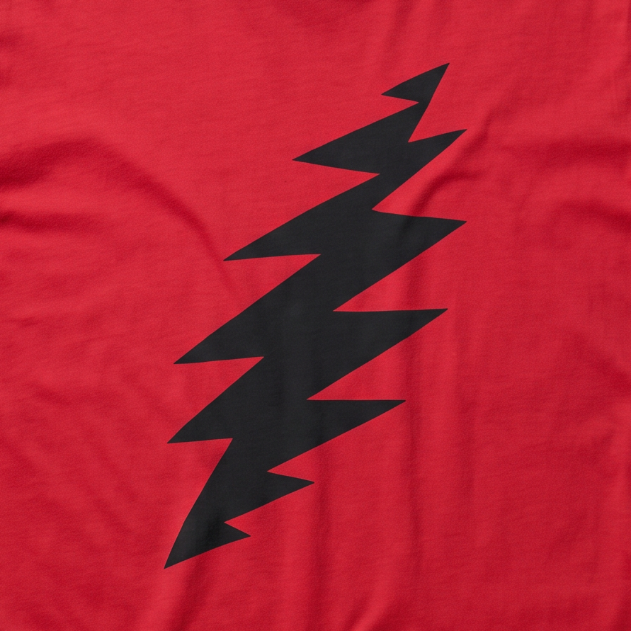 Close-up of the Bolt print on a red t-shirt