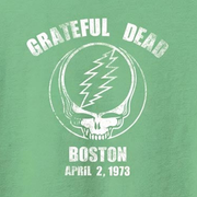 Close-up of the Boston April 2, 1973 print on an island reef t-shirt