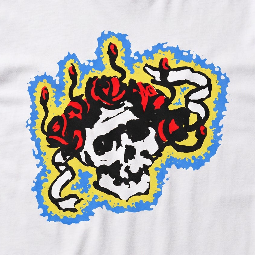 Close-up of the Chunky Bertha print on a white t-shirt