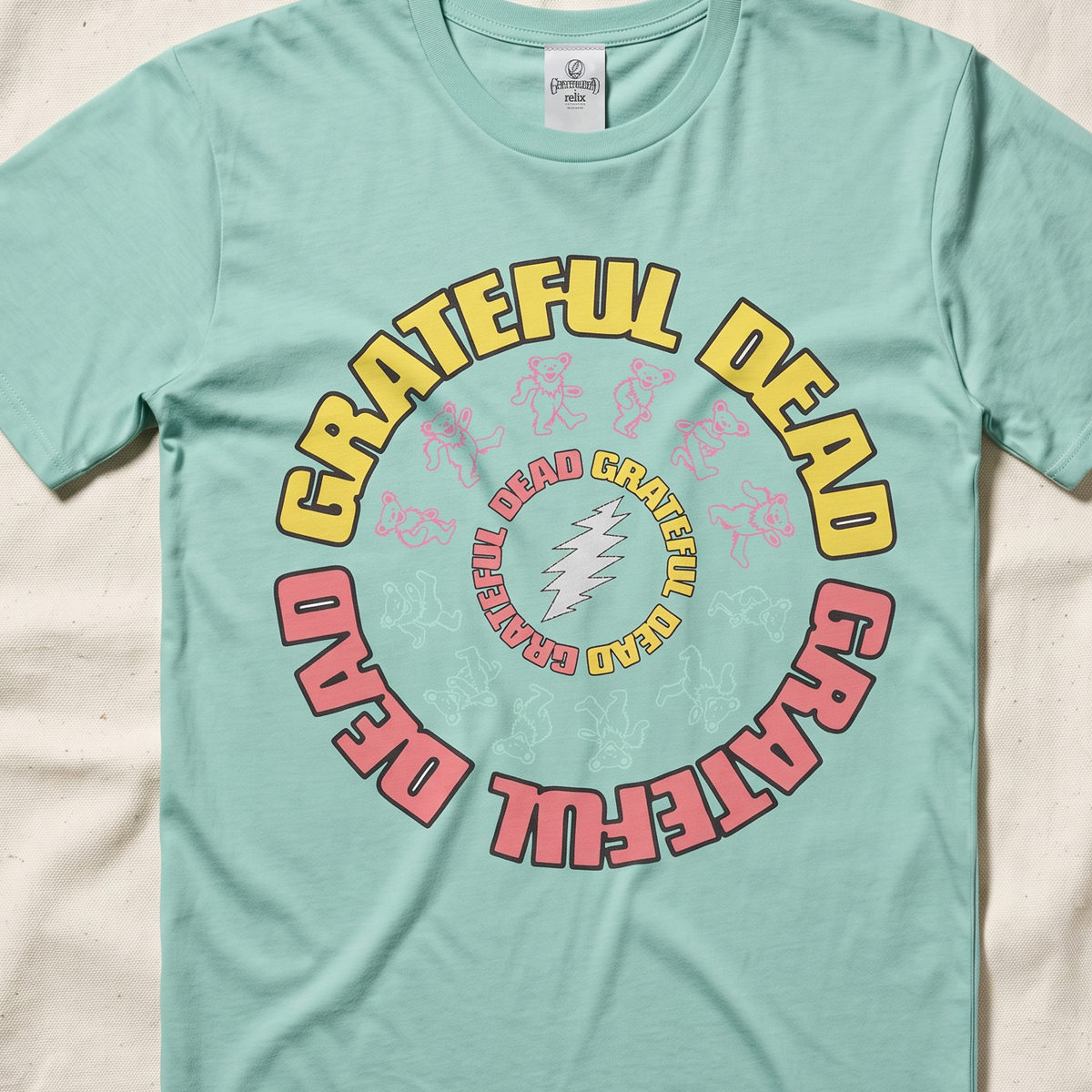 Close-up of the Circles Around the Bolt print on a mint t-shirt