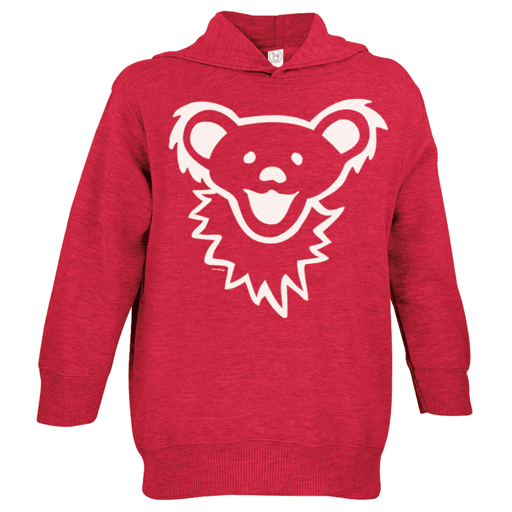Grateful Dead toddler hoodie front view featuring colorful Dancing Bear face graphic on red fabric