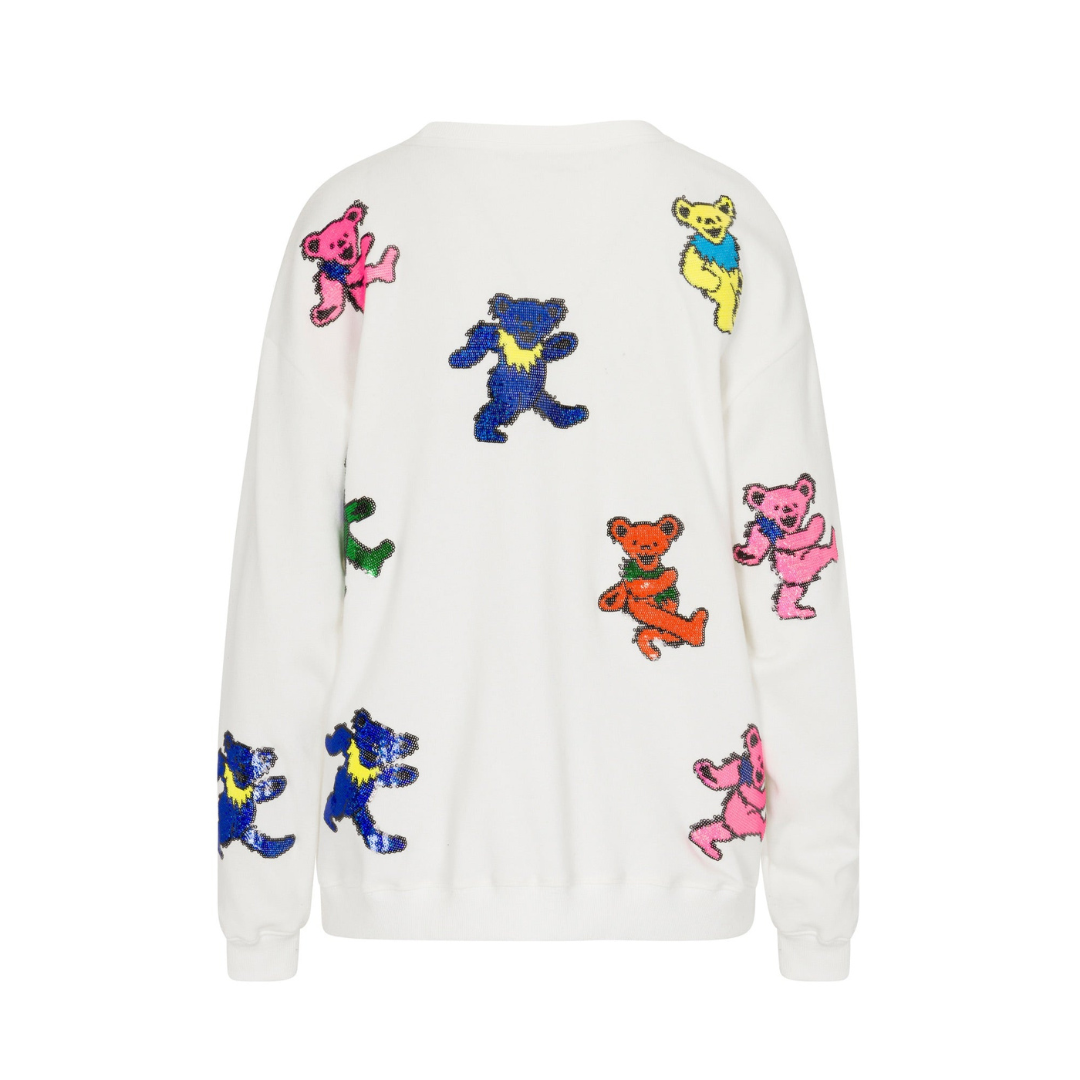 Back view of Grateful Dead Dancing Bears sequin relaxed sweatshirt in solid white