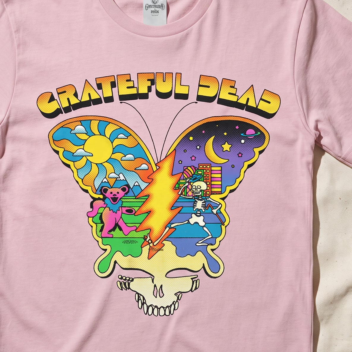 Close-up of the Day and Night Butterfly print on a blossom t-shirt