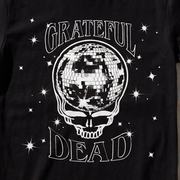 Close-up of the Disco Ball Stealie print on a black t-shirt