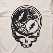 Close-up of the Double Stealie print on an ivory t-shirt