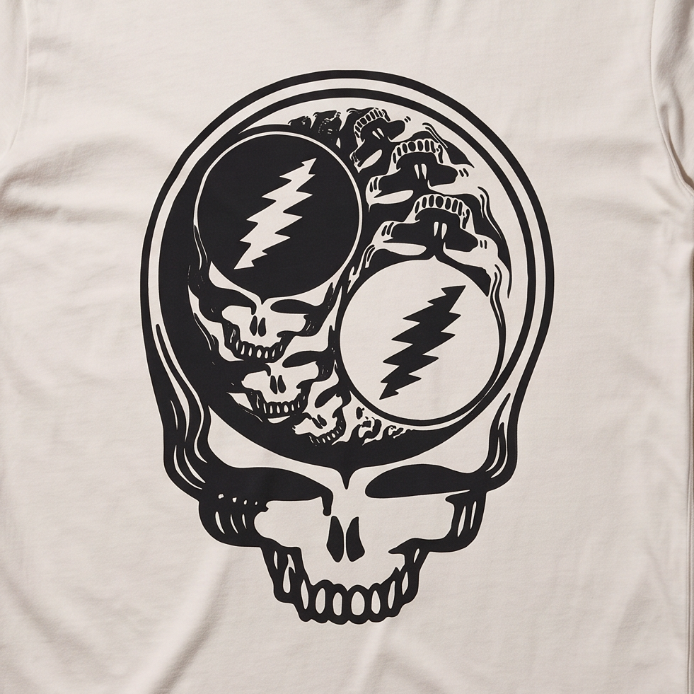 Close-up of the Double Stealie print on an ivory t-shirt