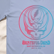 Close-up of the East Rutherford '87 print on a chambray t-shirt