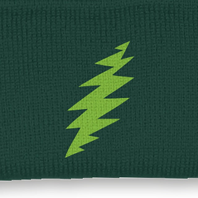 Close-up of the design on the Grateful Dead Embroidered Lime Bolt Cuffed Beanie - Forest Green