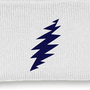 Close-up of the design on the Grateful Dead Embroidered Navy Bolt Cuffed Beanie - White