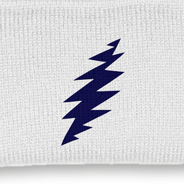 Close-up of the design on the Grateful Dead Embroidered Navy Bolt Cuffed Beanie - White