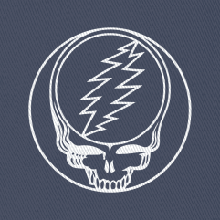 Close-up of the embroidered Stealie on a navy bucket hat
