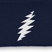 Close-up of the design on the Grateful Dead Embroidered White Bolt Cuffed Beanie - Navy