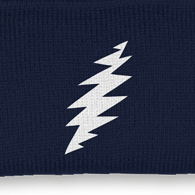 Close-up of the design on the Grateful Dead Embroidered White Bolt Cuffed Beanie - Navy