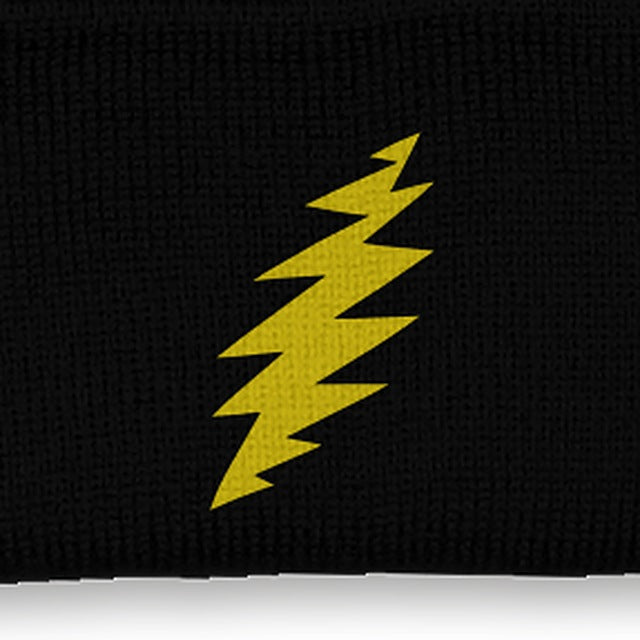 Close-up of the design on the Grateful Dead Embroidered Yellow Bolt Cuffed Beanie - Black