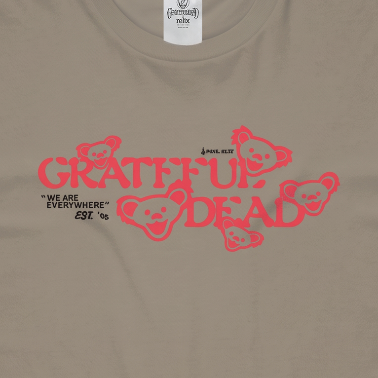 Close-up of the Est. '65 Palo Alto print on a khaki t-shirt