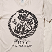Close-up of the Fall Tour 1985 print on an ivory t-shirt