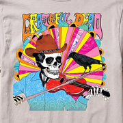 Close-up of the Fiddler print on an ivory long-sleeve t-shirt