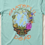 Close-up of the Forest Stealie print on a mint t-shirt