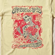 Close-up of the Forever Grateful print on a neon lemon t-shirt
