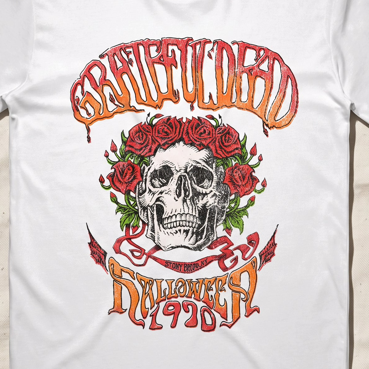 Close-up of the Halloween 1970 Stony Brook print on a white t-shirt