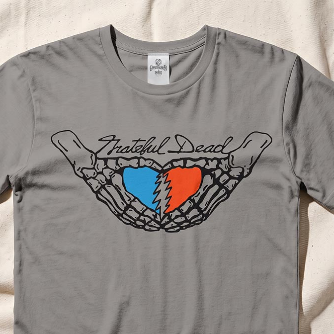 Close-up of the Holding Heart print on a gray t-shirt