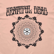 Close-up of the Kaleidoscope Stealie print on a peach t-shirt