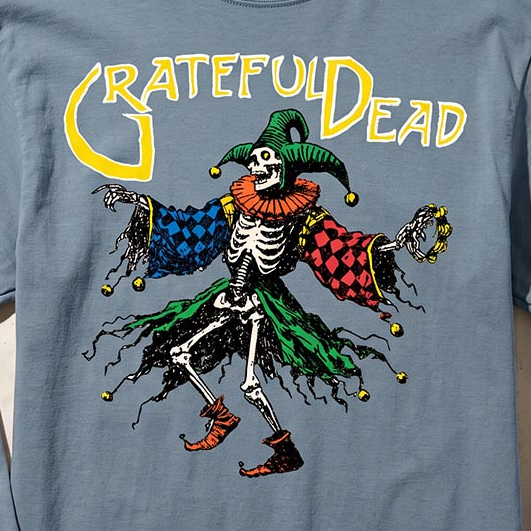 Close-up of the Rainbow Jester print on an ice blue long-sleeve t-shirt